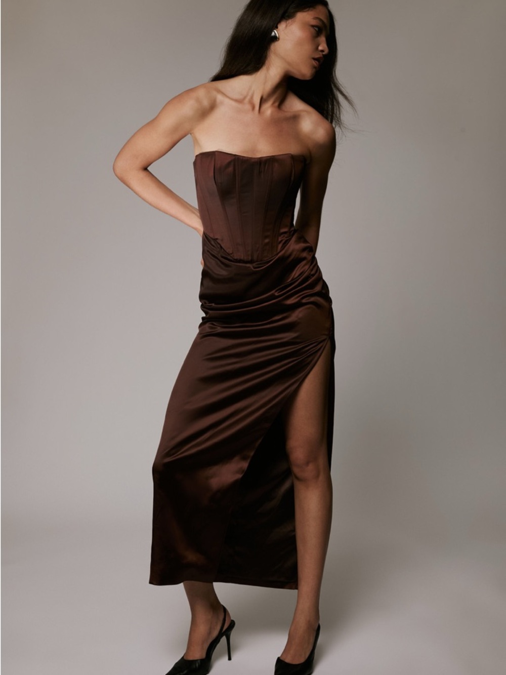 Bardot Everlasting Satin Chocolate Brown Strapless Corset Midi Dress